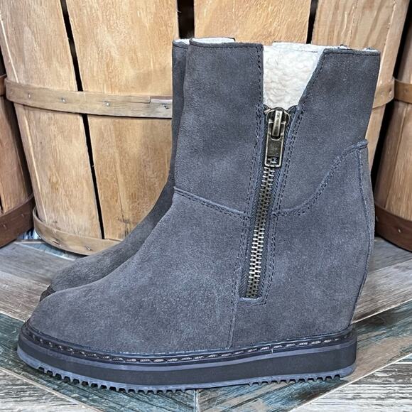 Aldo Gray Suede Shearling Fur Lined Zip-Up Wedge Heel Ankle Boots Women Size 6.5 - Picture 2 of 12